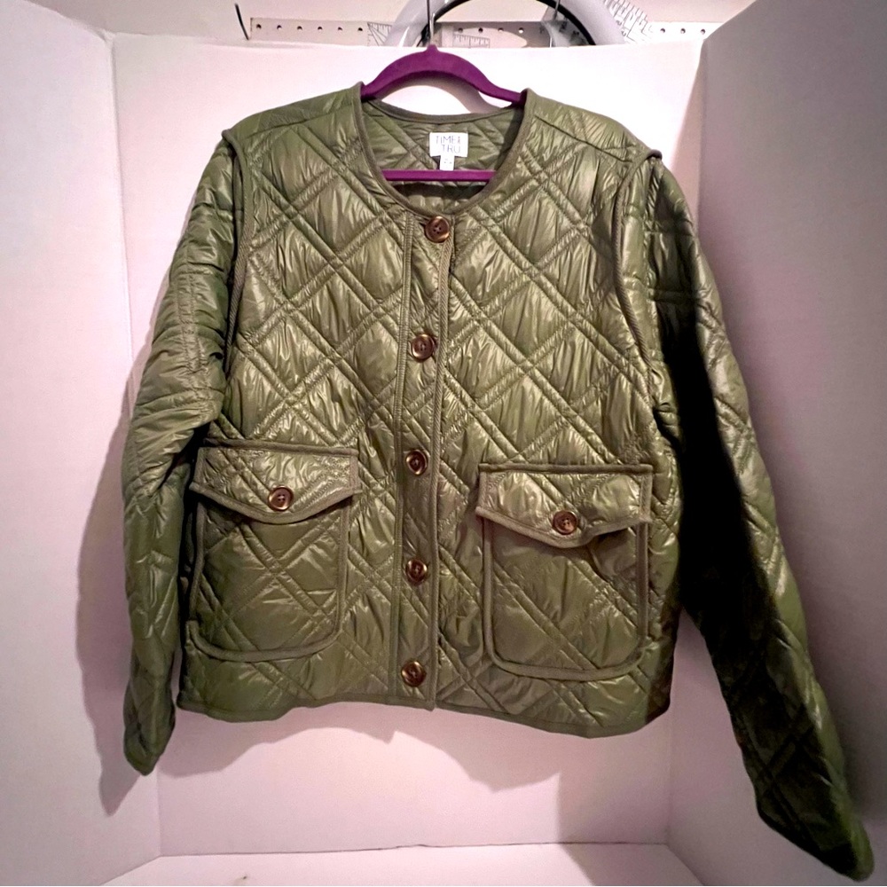 Women’s Quilted Long Sleeve Jacket, Time and Tru, Green, Size XL (16-18)